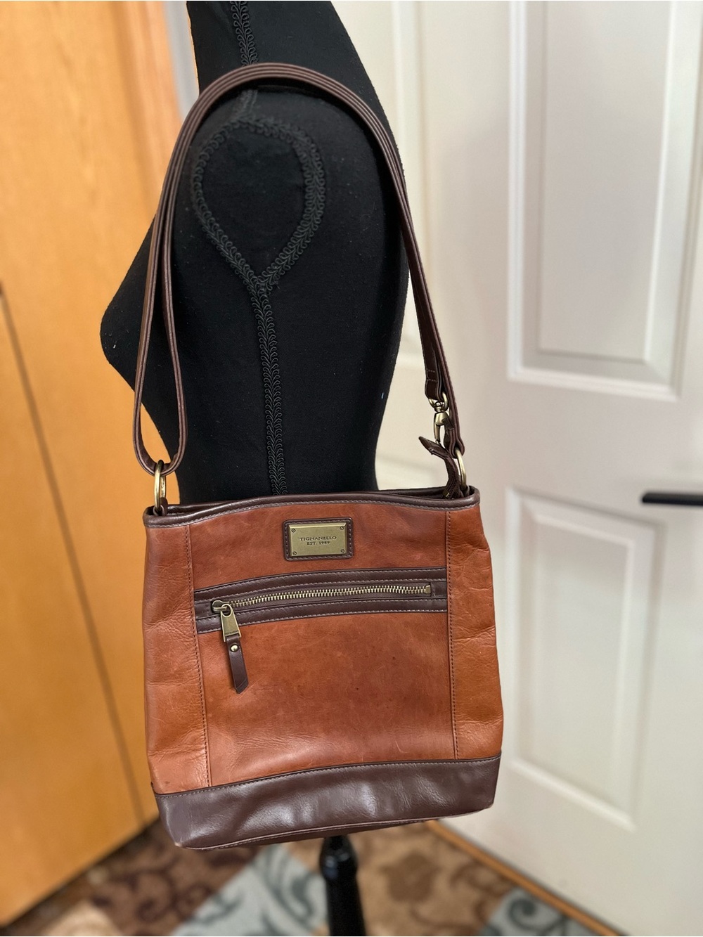 Tignanello two tone brown leather crossbody/shoulder purse/bag.